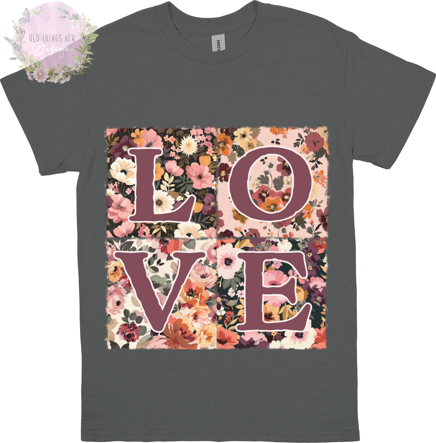 LOVE Floral Patchwork T-Shirt Adults (Plum)