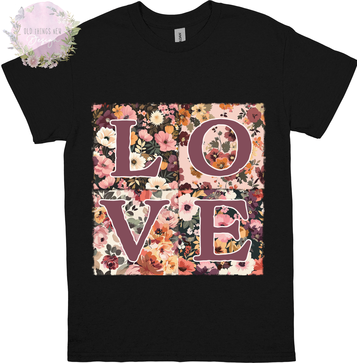 LOVE Floral Patchwork T-Shirt Adults (Plum)