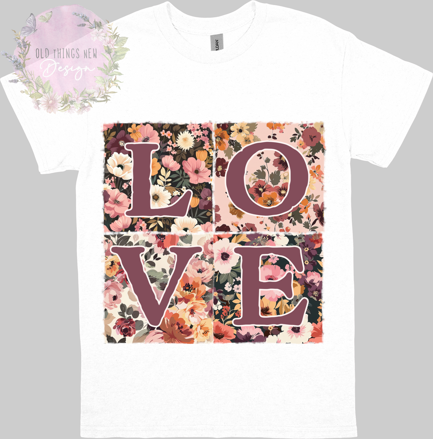 LOVE Floral Patchwork T-Shirt Adults (Plum)