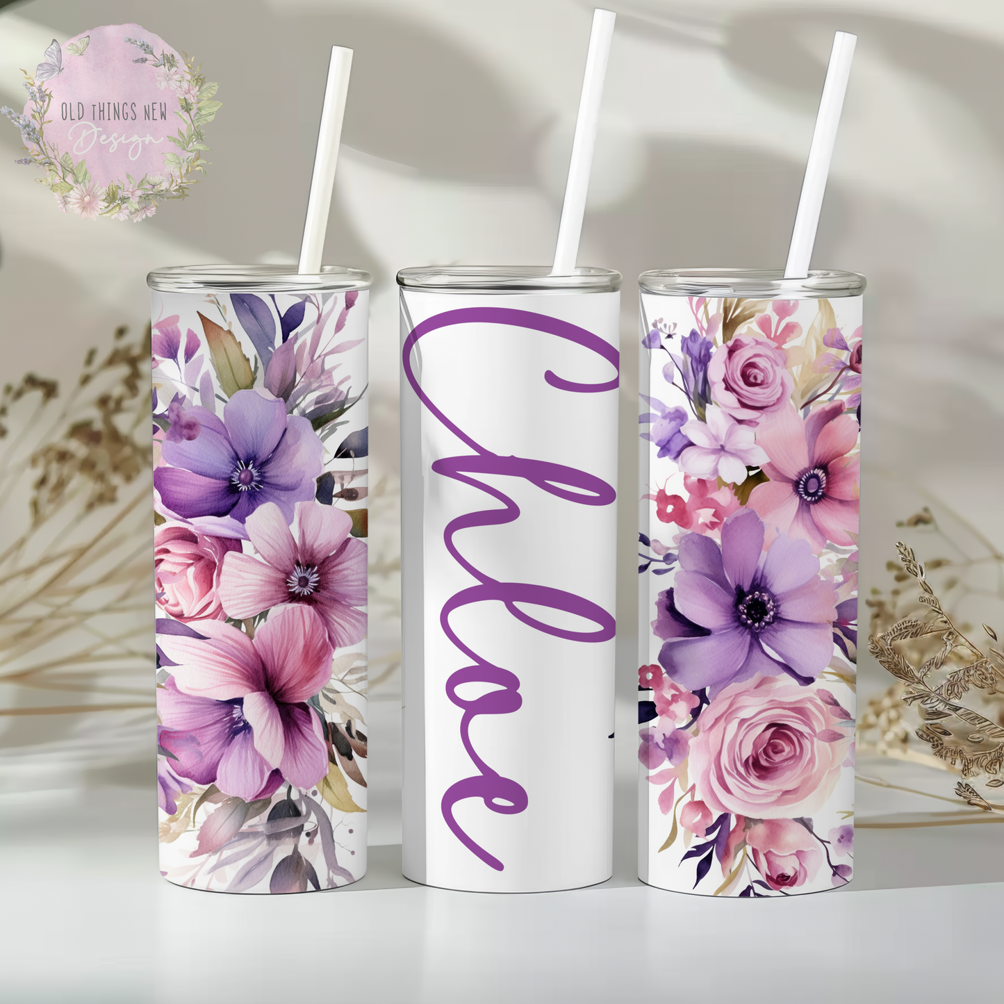 Personalised Purple Floral 20z Tumbler