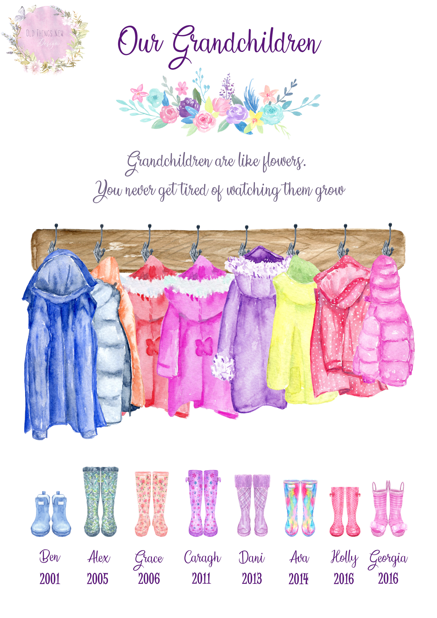 Personalised Print For Grandparents- Custom Grandkids welly Family Print