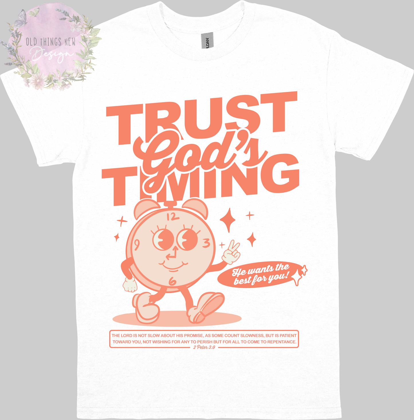 Trust God's Timing (peach) Adults T-Shirt